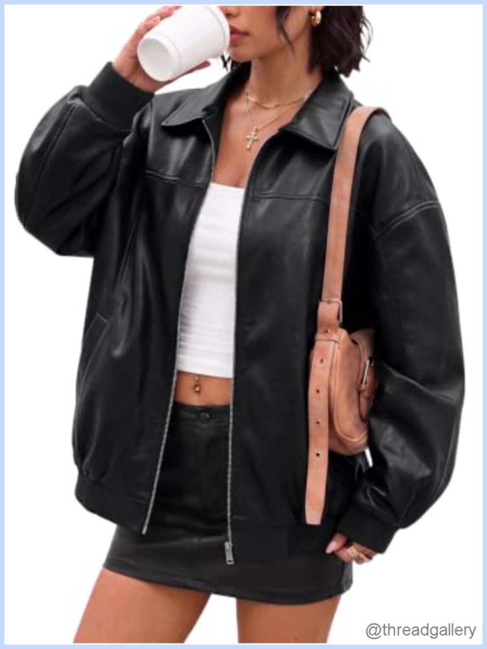 Womens Faux Leather Bomber Jacket Oversized Zip Up Coat
